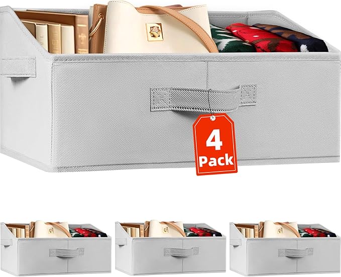Criusia Closet Organizers Bins 4 Pack - Large Collapsible Shelf Organizer with Handles - Fabric Trapezoid Home Organization and Storage Baskets for Organizing Clothes Toy Blanket Towel Purse Hats by Criusia