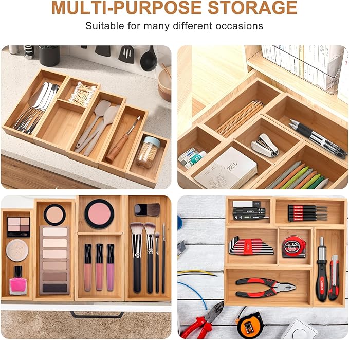 Bamboo Drawer Organizer 5 Pcs for Kitchen Multi-purpose Storage Dividers for Kitchen, Office, Jewelry, Cosmetics, Wooden Drawer Dividers for Drawer Organizer Desk Organizer Gift for Women Gifts Idea - Image 9