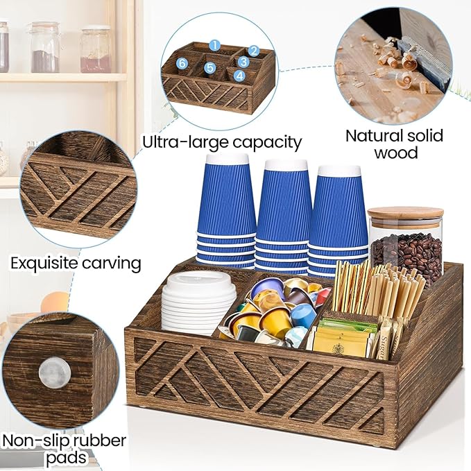 ugiftt Coffee Station Organizer for Counter, Wood Pods Holder Storage Basket, Tea Condiment Storage Organizer, Rustic Coffee Bar Decor for Accessories Organizer - Image 5