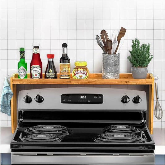 IIIOIIIA Bamboo Over the Stove Spice Shelf for Kitchen, 31.5" Spice Rack Organizer Shelf with 6 hooks, 11.4" Height Extra Storage Countertop, Easy to Assemble by MOMABROTHERS