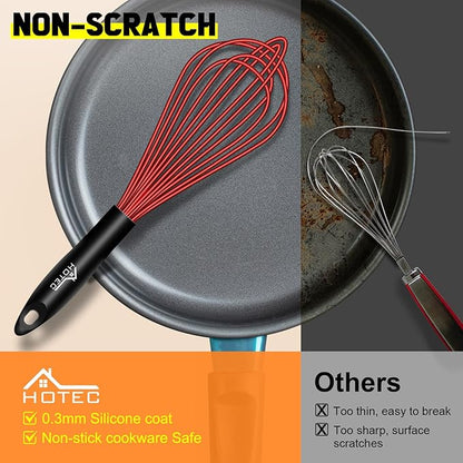 HOTEC 4 Pieces Silicone Whisks Set, Wire Balloon Whisks Egg Beater, Non-slip Handle Whisk for Non-stick Cookware Perfect for Cooking, Stirring, Beating and Blending (Red) - Image 6