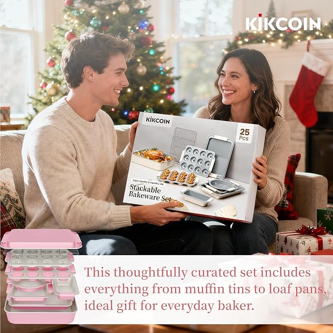 Kikcoin 25 PCS Stackable Baking Pans Set, Non-stick Bakeware Sets with Silicone Handles, 450°F Oven Safe Cookie Sheets for Baking, Easy Release Heavy-duty Baking Sheets Non Stick, Pink - Image 8