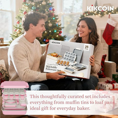 Kikcoin 25 PCS Stackable Baking Pans Set, Non-stick Bakeware Sets with Silicone Handles, 450°F Oven Safe Cookie Sheets for Baking, Easy Release Heavy-duty Baking Sheets Non Stick, Pink - Image 8