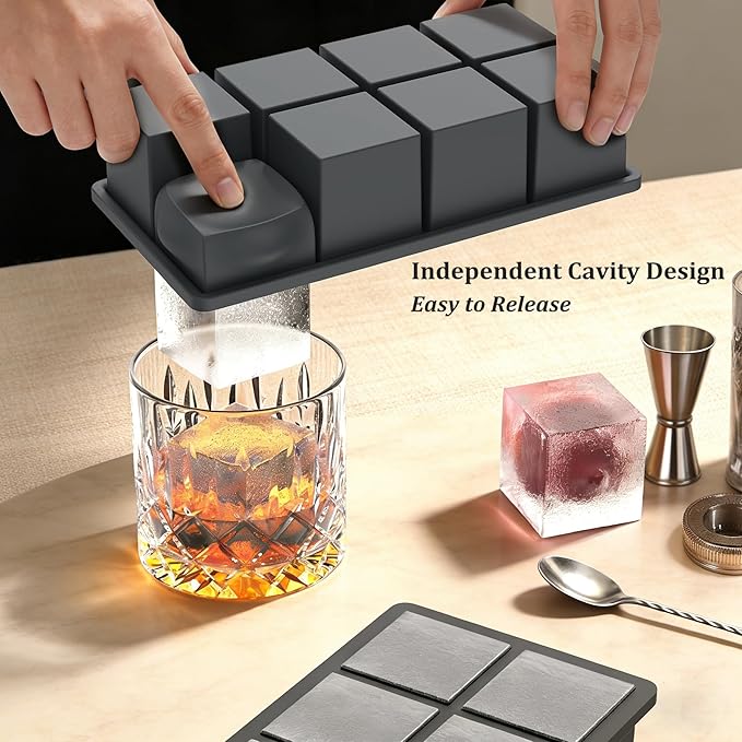 Bangp Silicone Ice Cube Trays with Metal Reinforced Frame(3 Pack),Large Ice Cube Tray with Lid,Easy Release Whiskey Ice Cubes Mold,Ice Trays for Freezer,Stackable Ice Cube Tray(Grey) - Image 3