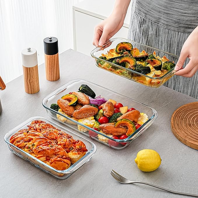 3 Pack High Borosilicate Glass Baking Dishes for Oven,(2.3QT,1.6qt,1.0QT),Rectangular Bakeware Sets,Deep Glass Casserole Dishes with Handle for Microwave,Oven,Baking,Meal Preparation - Image 6