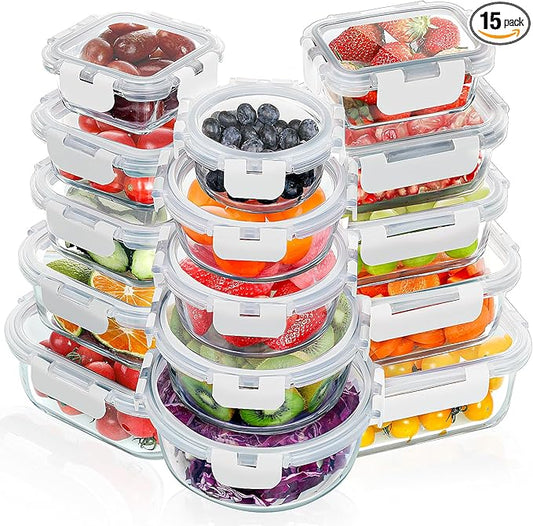 VERONES 30 Pieces Glass Meal Prep Containers Set, Stackable Food Storage Containers with Lids-Airtight Glass Lunch Containers，for Microwave, Oven, Freezer & Dishwasher,White