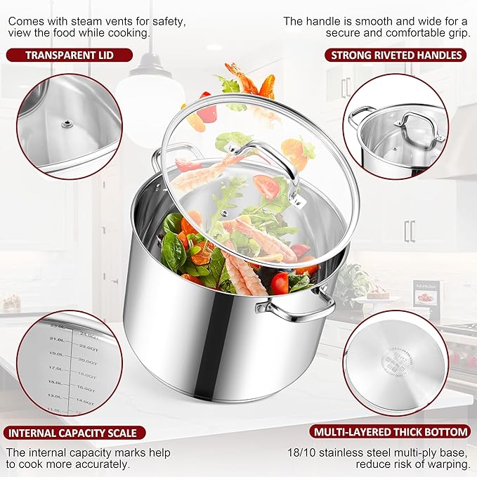 Herogo 24-Quart 18/10 Stainless Steel Stock Pot with Lid, Large Heavy Duty Soup Pot Compatible with Electric, Gas, Induction and Gas Cooktops, Non-Toxic & Corrosion Resistant, Dishwasher Safe