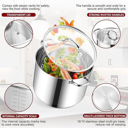 Herogo 24-Quart 18/10 Stainless Steel Stock Pot with Lid, Large Heavy Duty Soup Pot Compatible with Electric, Gas, Induction and Gas Cooktops, Non-Toxic & Corrosion Resistant, Dishwasher Safe