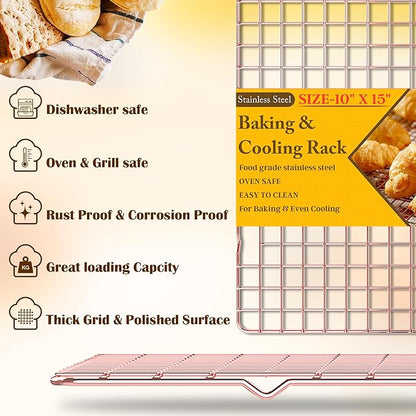 2-Pack Cooling Racks for Cooking and Baking - 10" x 15"Heavy Duty Stainless Steel Wire Rack for Baking, Grilling, Roasting - Oven & Dishwasher Safe - Fits Jelly Roll Sheet Pan（Rose Gold） - Image 2