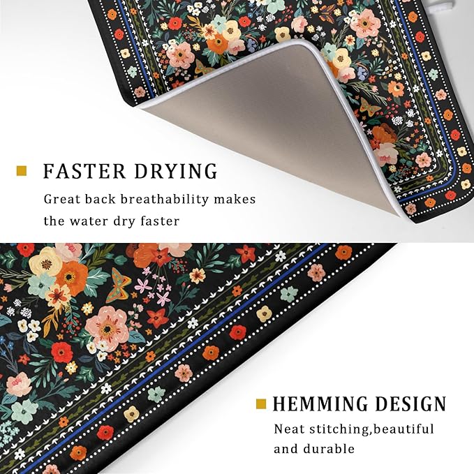 Floral Microfiber Dish Drying Mat Large Absorbent Dish Drainer Rack Pad for Kitchen Counter - Image 3