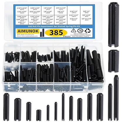 385PCS Roll Pin Set - 26 Sizes Spring Dowel Tension Roll Pins - 1/8 1/4 3/8 1/16 5/64 3/32 5/16 5/32 5/16 Split Expansion Pin Assortment Kit for Home Improvement Automotive Repair by AIMUNOK