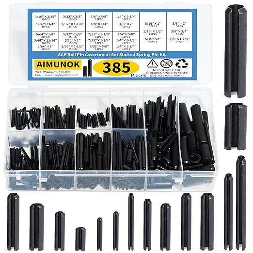 385PCS Roll Pin Set - 26 Sizes Spring Dowel Tension Roll Pins - 1/8 1/4 3/8 1/16 5/64 3/32 5/16 5/32 5/16 Split Expansion Pin Assortment Kit for Home Improvement Automotive Repair by AIMUNOK