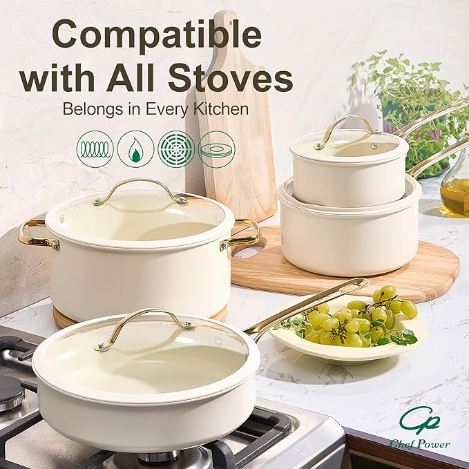 Chef Power Ceramic Cookware Sets, 10Pcs Pots and Pans Set Non Stick, Cookware Set with Stainless Steel Handle, Dishwasher & Oven Safe, Cream White and Light Gold Handle - Image 5