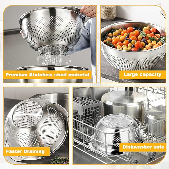 3 Pcs Stainless Steel Colander Strainer Set Metal Colander for Kitchen Pasta Strainer for Rice Food Fruits Spaghetti Vegetables (2QT, 3QT, 5QT) - Image 4