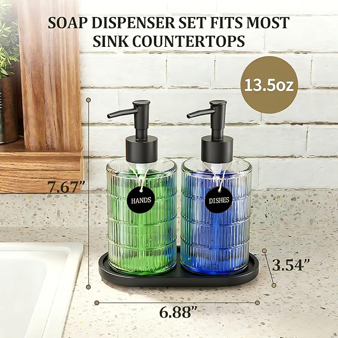 MASADI Soap Dispenser Set with Bamboo Tray, Dish and Hand Soap Lotion Dispenser Set with Wooden Pump for Kitchen and Bathroom Decor for Counter, Modern Vintage Liquid Soap Dispensers (Clear&Black) - Image 2