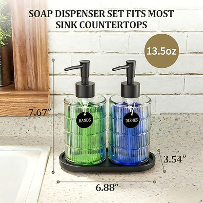 MASADI Soap Dispenser Set with Bamboo Tray, Dish and Hand Soap Lotion Dispenser Set with Wooden Pump for Kitchen and Bathroom Decor for Counter, Modern Vintage Liquid Soap Dispensers (Clear&Black) - Image 2