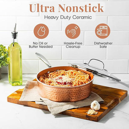 GOTHAM STEEL 4 Qt Saute Pan with Lid, Large Nonstick Skillet for Cooking, 12” Hammered Deep Frying Pan, Family Sized Pans, Ceramic Coating for Sauce, Induction Ready Oven & Dishwasher Safe, Non Toxic - Image 5