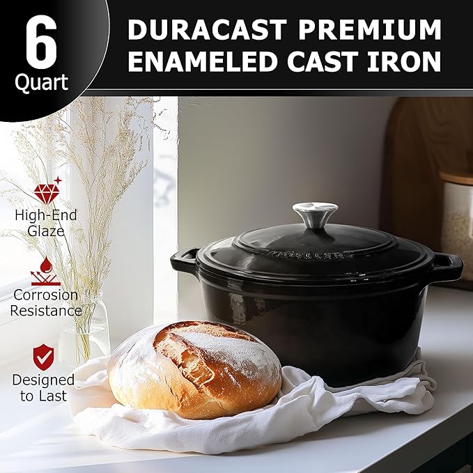 MUELLER HOME 6 Quart Enameled Cast Iron Pot Dutch Oven, Heavy-Duty Oven-Safe up to 500° F, & Across All Cooktops, Casserole Dishes for Ovens, Bread Pan with Lid and Knob, Cast Iron Cookware, Black - Image 2