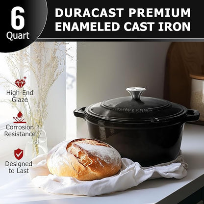 MUELLER HOME 6 Quart Enameled Cast Iron Pot Dutch Oven, Heavy-Duty Oven-Safe up to 500° F, & Across All Cooktops, Casserole Dishes for Ovens, Bread Pan with Lid and Knob, Cast Iron Cookware, Black - Image 2