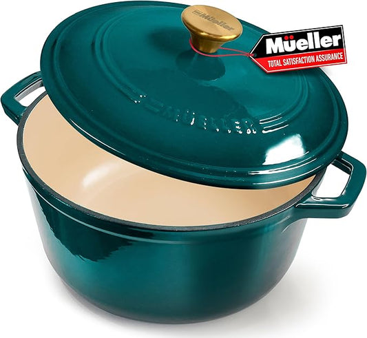 MUELLER HOME 7.5 QT Enameled Cast Iron Dutch Oven, Heavy-Duty Casserole Dish and Braiser Pan with Lid and Stainless Knob, Oven-Safe up to 500° F & Across All Cooktops, Emerald by MUELLERHOME