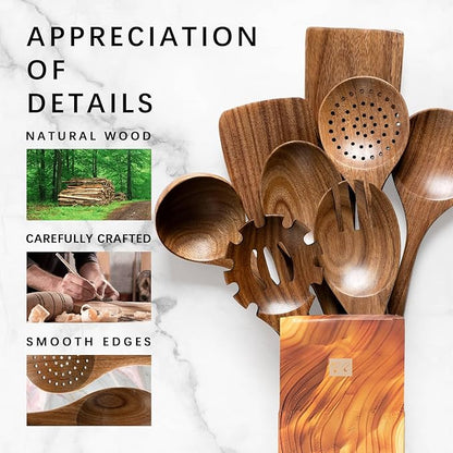 Wooden Spoons for Cooking, Nonstick Cooking Utensil Set with 8 Piece Acacia Wooden Spatulas and Spoons for Cooking, Terrific for Everyday Kitchen Tasks - Image 4