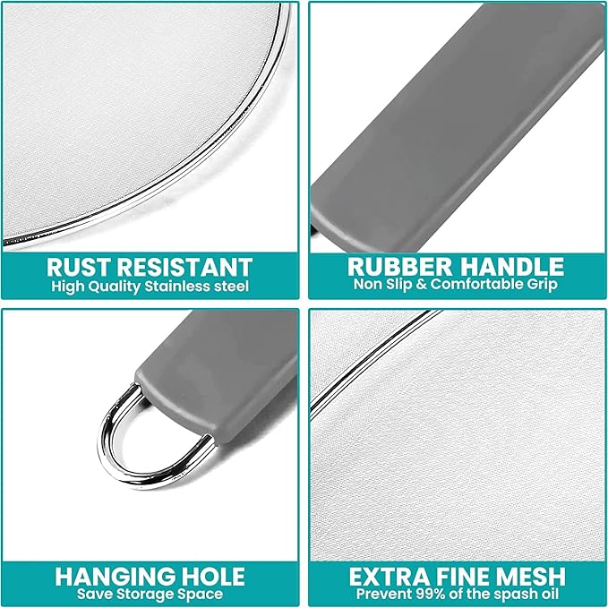 13" Grease Splatter Screen for Cooking | Stainless Steel Oil Splatter Guard and Ultra-Fine Mesh Protects Skin from Burns | TPR Tight-Grip Handle (Grey) - Image 6