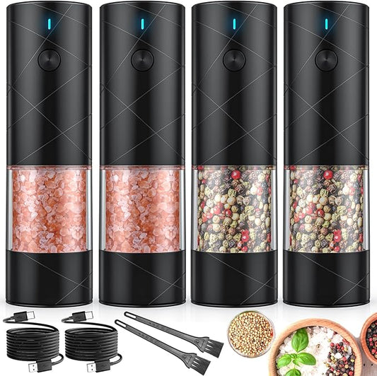 4Pack Electric Salt and Pepper Grinder Set USB Rechargeable with Warm LED Light, Adjustable Coarseness Lidaop Large Capacity Automatic Salt Pepper Mill Shakers for Kitchen, Black Set by Lidaop