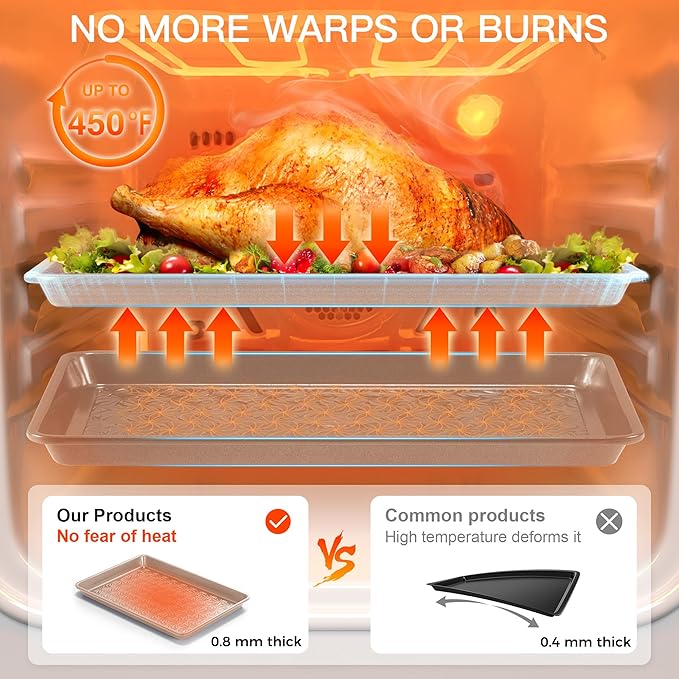 HONGBAKE Nonstick Baking Sheet Pan Set of 3, Cookie Sheets for Oven, Non-Toxic Half/Quarter/Jelly Roll Pans with Floral Swirl Texture, Heavy Duty 0.8mm Thick Oven Trays for Cooking, Champagne Gold - Image 5