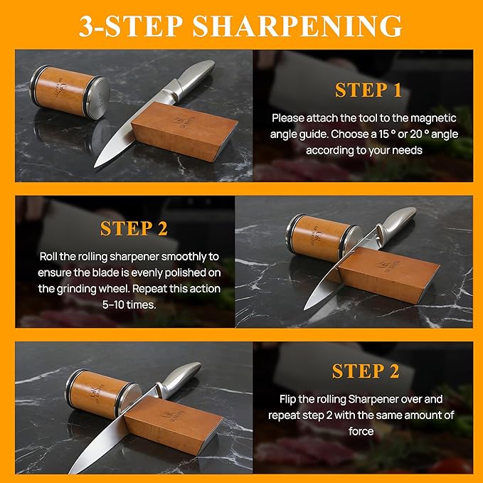 GR Kraft Rolling Knife Sharpener Kit with 1000 & 3000 Grit Diamond Discs, Magnetic Angle Guide 15-20 degree for Kitchen Knives, Finger Protector, Leather Strop & Carry Bag