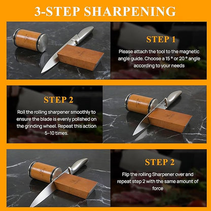 GR Kraft Rolling Knife Sharpener Kit with 1000 & 3000 Grit Diamond Discs, Magnetic Angle Guide 15-20 degree for Kitchen Knives, Finger Protector, Leather Strop & Carry Bag