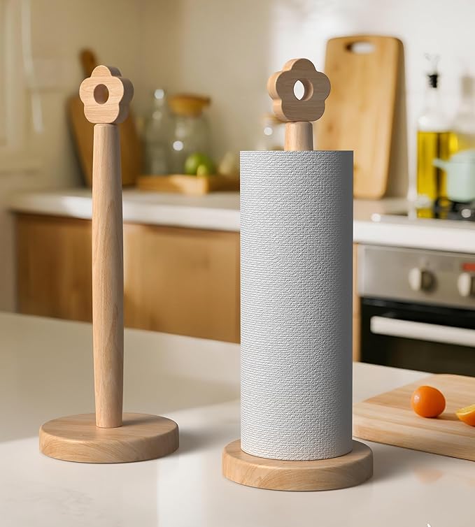 KitchLife Cute Wooden Paper Towel Holder for Countertop with Weighted Base – Solid Freestanding Paper Towel Stand Dispenser with Anti-Slip Base, Flower Top - Image 6