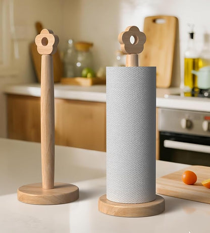KitchLife Cute Wooden Paper Towel Holder for Countertop with Weighted Base – Solid Freestanding Paper Towel Stand Dispenser with Anti-Slip Base, Flower Top - Image 6