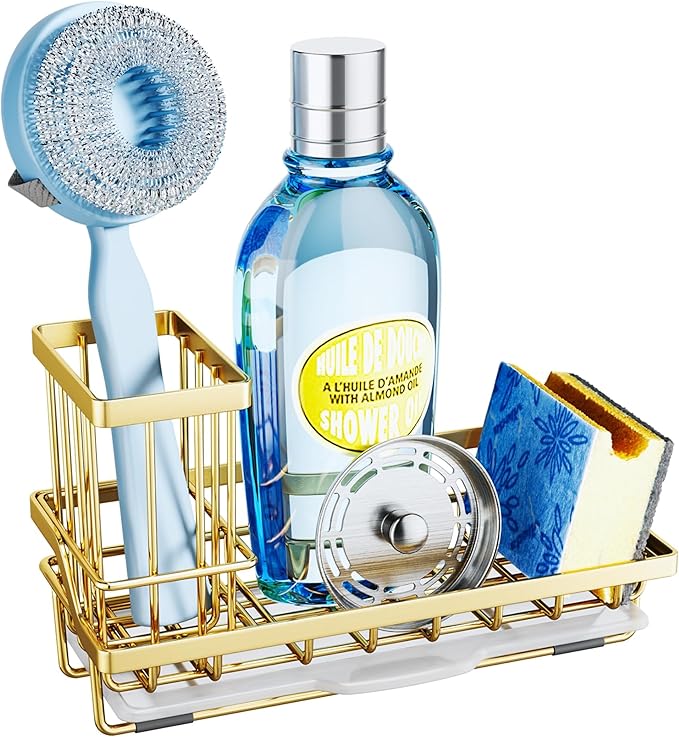 SWTYMIKI Sink Caddy Kitchen Sink Organizer with Detachable Brush Holder, Stainless Steel Sponge Holder with Removable Drip Tray Sponge Caddy for Kitchen Countertop, Gold by SwtyMiki-TidyHomeSweetLife