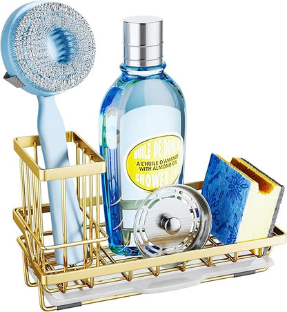 SWTYMIKI Sink Caddy Kitchen Sink Organizer with Detachable Brush Holder, Stainless Steel Sponge Holder with Removable Drip Tray Sponge Caddy for Kitchen Countertop, Gold by SwtyMiki-TidyHomeSweetLife