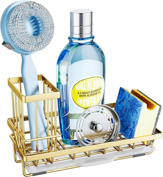 SWTYMIKI Sink Caddy Kitchen Sink Organizer with Detachable Brush Holder, Stainless Steel Sponge Holder with Removable Drip Tray Sponge Caddy for Kitchen Countertop, Gold by SwtyMiki-TidyHomeSweetLife