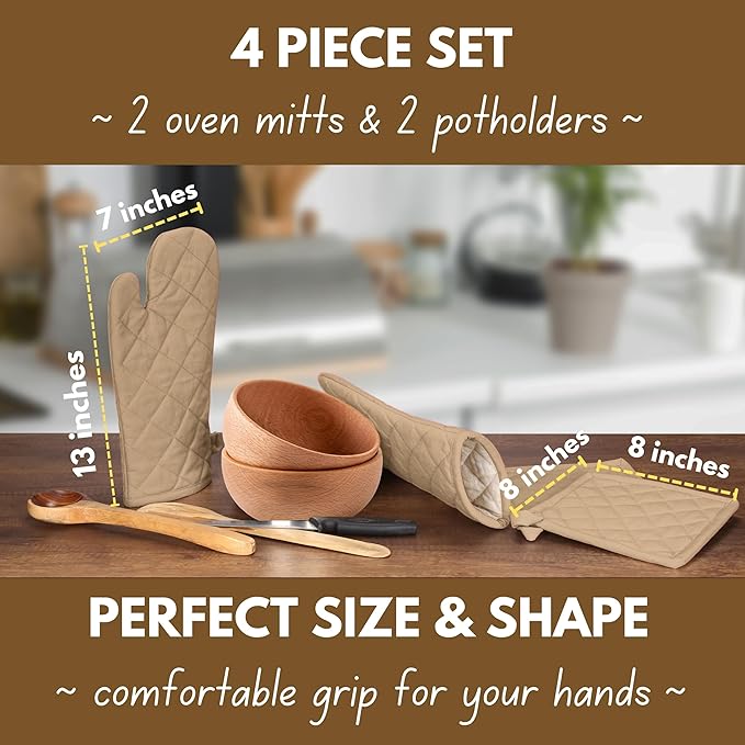 Native Fab Pot Holders and Oven Mitts Sets for Kitchen Heat Resistant- Hanging Non-Slip - 100% Cotton Oven Mitts and Pot Holders 4-Piece Set- Beige - Image 2