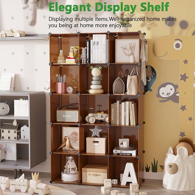 C&AHOME 16-Cube Storage Organizer, Plastic Shelves Units, DIY Closet Organizer, Modular Shelves Ideal for Home, Bedroom, 48.4" L 12.4" W 48.4" H Brown UPCS16C - Image 4