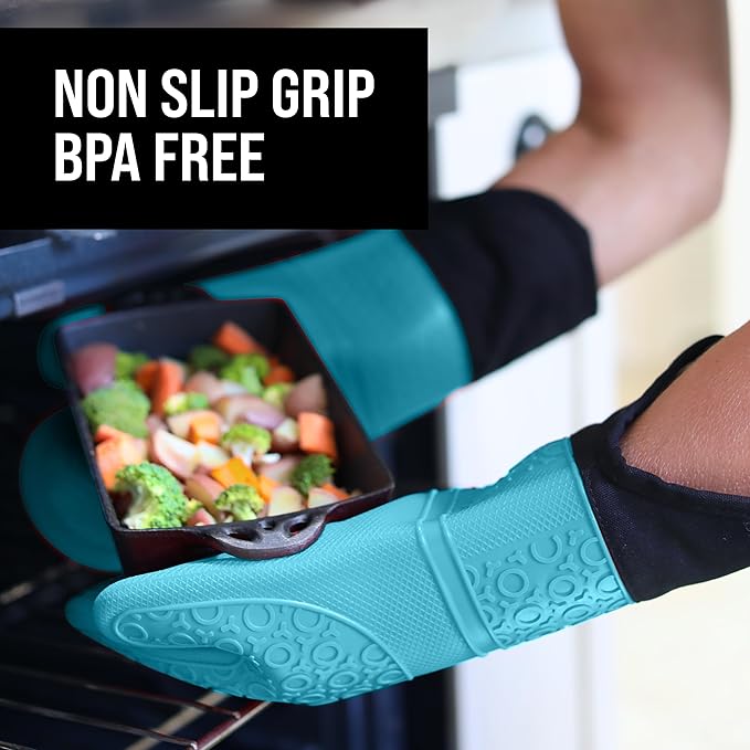 BPA-Free Soft Silicone Oven Mitts - Ultra Heat Resistant Oven Mitts with Thick Cotton Liner - Extra Long Slip Resistant Pot Holders, Flexible Oven Gloves - Aqua/Black 14.7" - Image 5