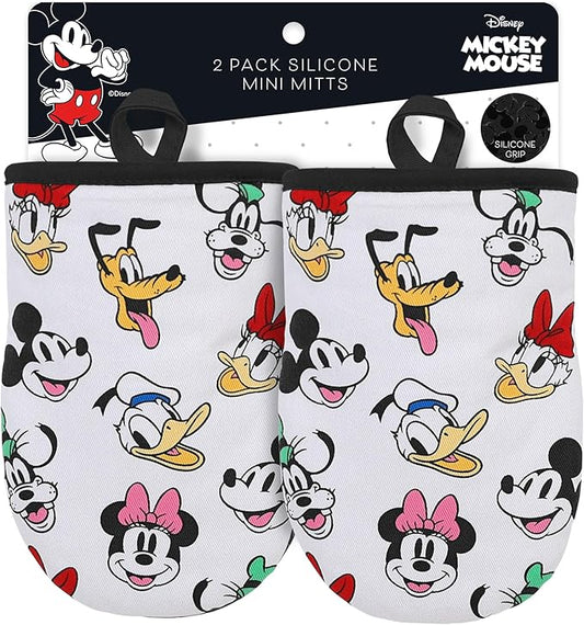 Disney Oven Mitts 2-Pack - 5.5” x 7.5” Heat-Resistant Mini Oven Mitts with Non-Slip Printed Silicone Disney Silhouettes - Pot Holders for Kitchen - Mickey & Minnie, Stitch, Winnie the Pooh