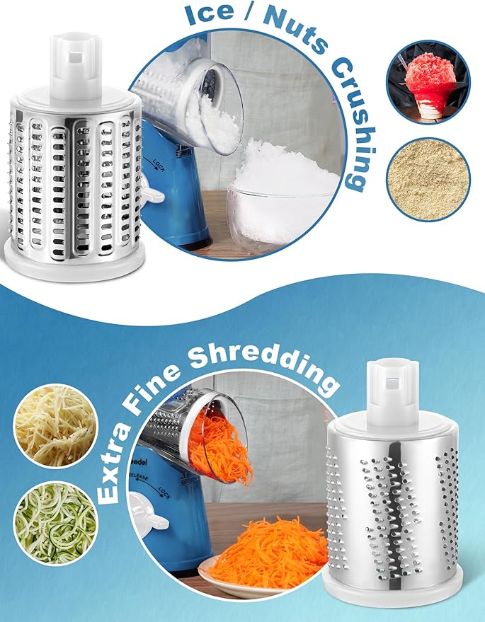 Geedel Rotary Cheese Grater Cheese Shredder - Upgraded 5-in-1 Cheese Grater with Handle and Strong Suction Base, Multi-purpose Vegetable Slicer Ice Shaver Nuts Grinder for Ice, Vegetables, Fruit, Nuts - Image 3