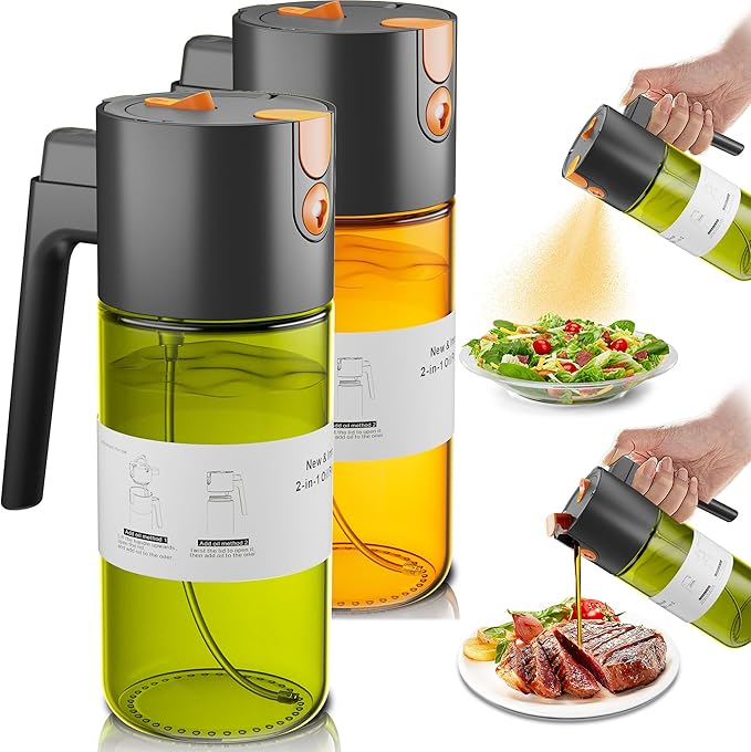 OURCABECUE Upgrade 2 in 1 Oil Sprayer for Cooking, 17oz Light-Blocking Glass Olive Oil Dispenser Bottle for Kitchen (Green+Brown Bottle-Black 2PACK) by OURCABECUE