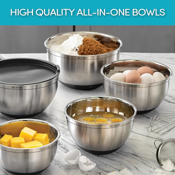Belwares Mixing Bowls with Lids Set of 5 - Stainless Steel Mixing Bowl Set, Kitchen Nesting Metal Bowls with Non Slip Bottoms + 3 Grater Attachments, Airtight Lids, Food Prep + Storage, Matte Black - Image 4