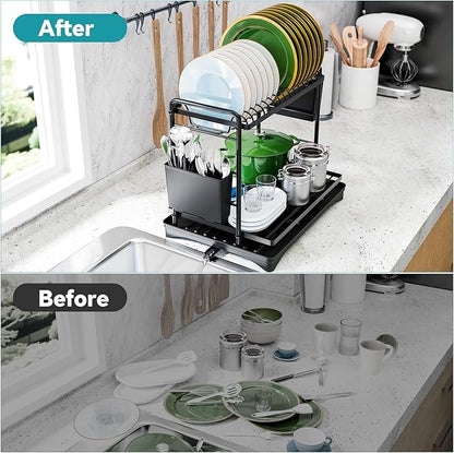 Simple Trending Dish Drying Rack, 2-Tier Dish Rack for Kitchen Counter, Large Dish Drainers Sink Organizers and Storage, Black - Image 5