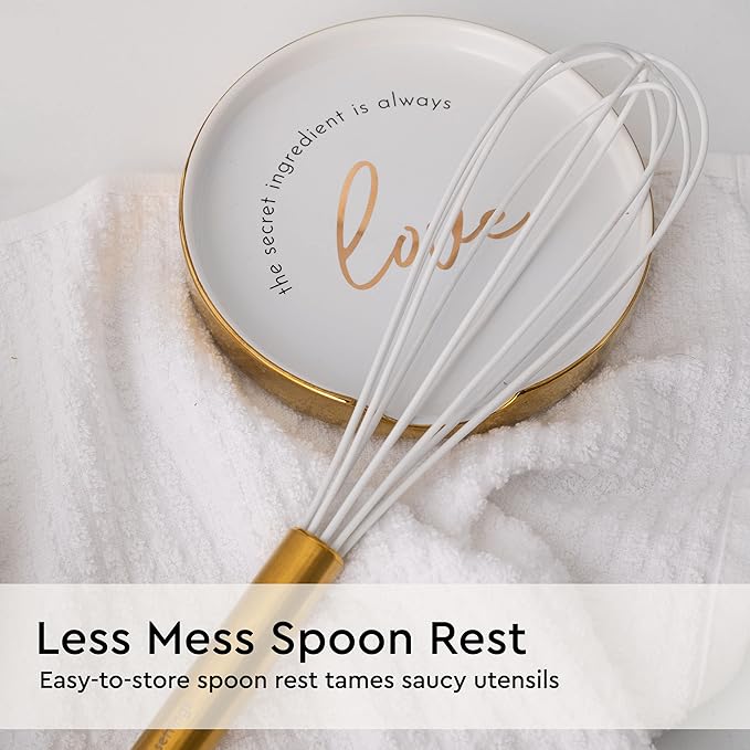 White Utensil Holder with Built-In Ceramic Spoon Rest - 2-Piece Luxe White and Gold Spatula Holder with Gold Spoon Rest for Countertop Organization - Stylish Kitchen Accessory, Utensils Not Included - Image 6