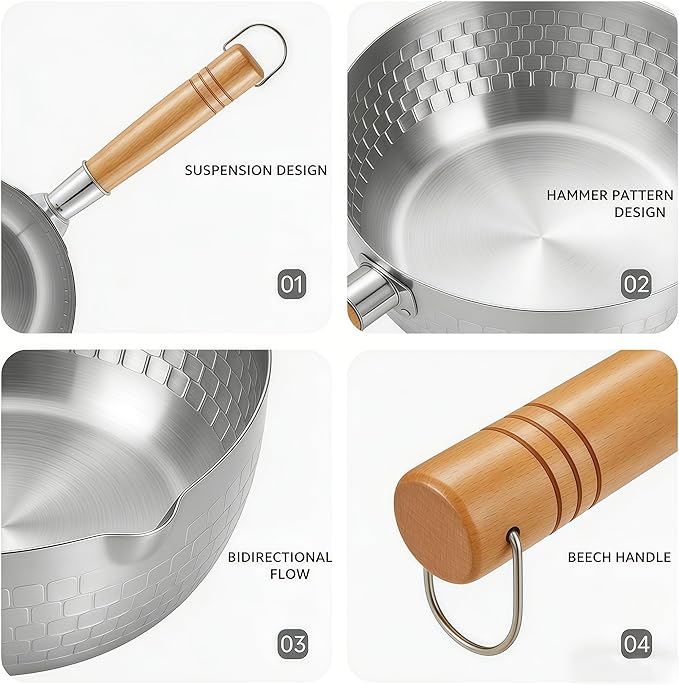 2 Quart Sauce Pan with Lid, Stainless Steel Saucepan with Dual Pour Spouts, Small Sauce Pot with Cool-Touch Wood Handle