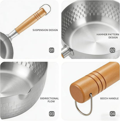 2 Quart Sauce Pan with Lid, Stainless Steel Saucepan with Dual Pour Spouts, Small Sauce Pot with Cool-Touch Wood Handle