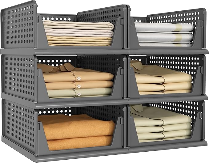 Pinkpum 6 Pack Black Closet Organizers and Storage Plastic Stackable Storage Bins, Morden Foldable Drawer Shelf Storage Container for Wardrobe Kitchen Bathroom Dorm by Pinkpum
