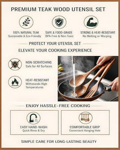8-Piece Natural Teak Wood Utensil Set - Essential Nonstick Cooking Spoons & Spatulas, Eco-Friendly Tools - Image 6
