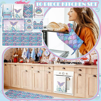 Fourluoo 10 Pcs Mermaid Kitchen Dish Towels Rugs Oven Mitts and Pot Holders Set Farmhouse Kitchen Decor Set for Women Mom Daughter Gift Cooking Baking Grilling