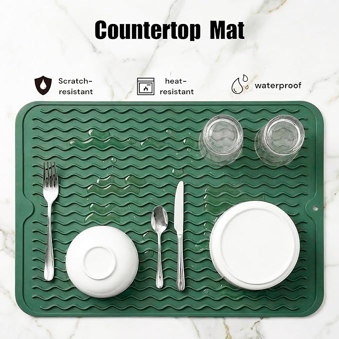 MicoYang Silicone Dish Drying Mat for Multiple Usage,Easy clean,Eco-friendly,Heat-resistant Silicone Mat for Kitchen Counter or Sink,Refrigerator or drawer liner Green L 16 inches x 12 inches - Image 3